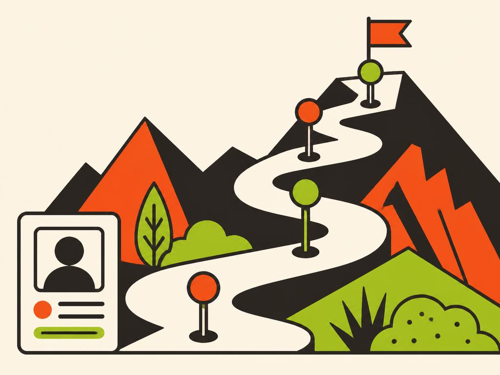 Illustration of a winding roadmap climbing to a flag at the summit